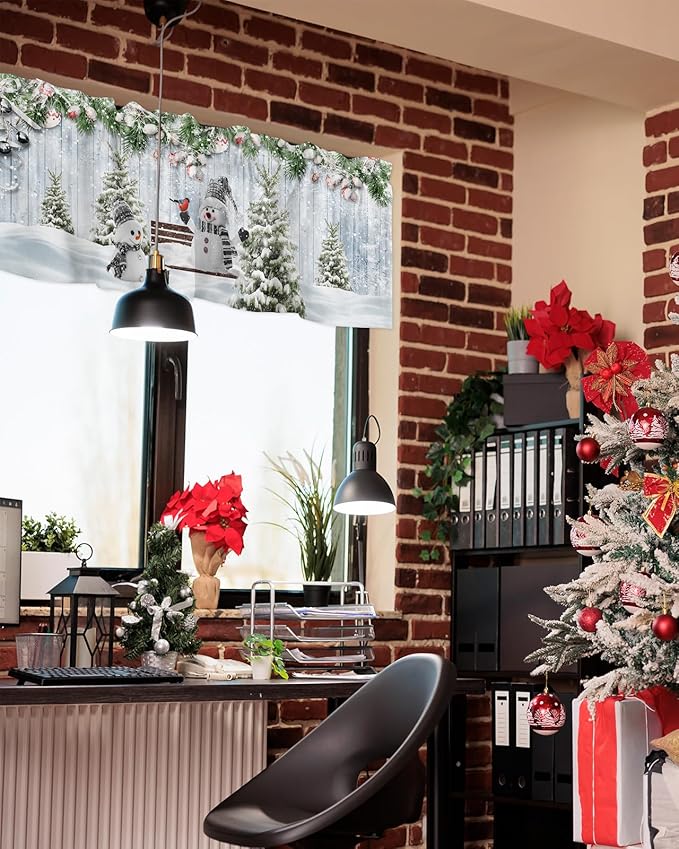 Merry Christmas Valance Curtains for Kitchen Windows Xmas Snowman Snowy Pine Tree Rod Pocket Window Treatment Toppers for Kitchen/Living Room/Bedroom/Bathroom, 54" X 18", Blue Winter