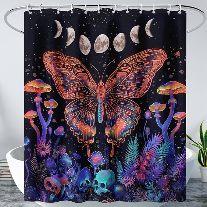 AILONEN Colorful Butterfly Shower Curtain,Magic Mushroom Waterproof Fabric Bath Curtain for Kids Girls,Boho Sun and Moon Skull Shower Curtain Set for Bathroom 48" W*72" H