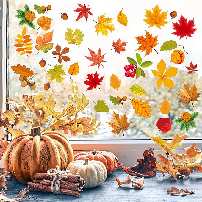 Fall Maple Leaf Window Clings for Glass Windows Autumn Window Static Stickers Double-Sided Leaves Cone Hazelnut Window Door Cling Removable Reusable Stickers Thanksgiving Window Door Decoration