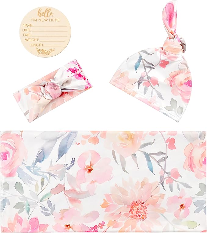 Newborn Baby Girl Receiving Blanket Swaddle Blanket Stretchy Knit Swaddle Set with Matching Headband Beanie with a Name Card (Pink Floral Ink Leaf)