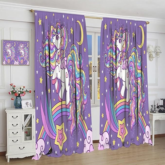Unicorn Curtains Fantasy Star Moon Cartoon Theme Curtains Cute White Unicorn Rainbow Design Printed Curtains Boys Girls Room Curtains 55x63 Inch 2 Panels
