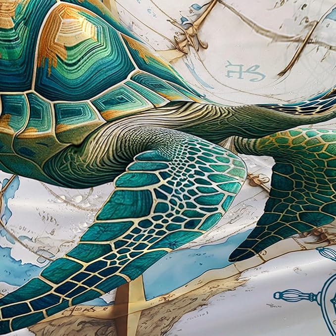 AILONEN 3D Sea Turtle Shower Curtain,Green Sea Turtle Shower Curtain for Bathroom,Nautical Anchor Waterproof Fabric Shower Curtain Set with Hooks,48" W*72" H