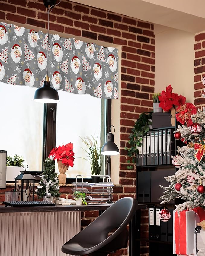 Grey Christmas Valance Curtains for Kitchen Windows Santa Claus Merry Christmas Tree Rod Pocket Window Treatment Toppers for Kitchen/Living Room/Bedroom/Bathroom, 42" X 12", Winter Snowflake