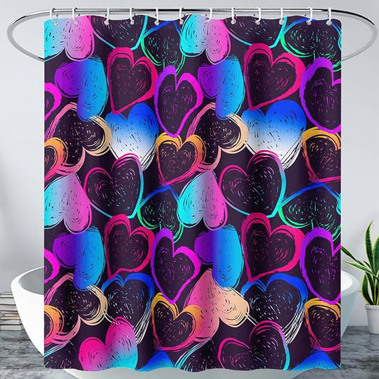 AILONEN Hearts Shower Curtain for Bathroom, Colorful Hearts Love Theme Bath Curtain for Kids Girls Women,Abstract Hearts Print Black Shower Curtain Waterproof with 12 Plastic Hooks, 72" W*72" H