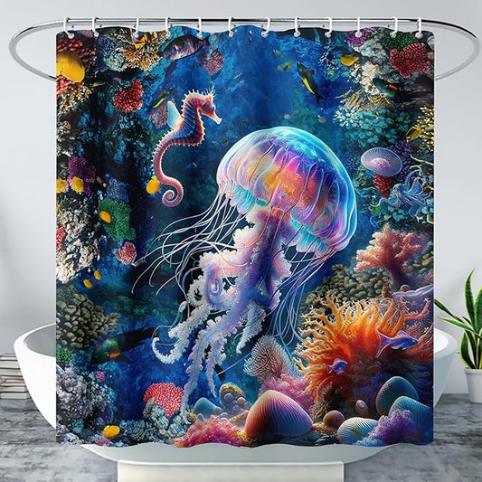 AILONEN Cartoon Jellyfish Shower Curtain,Underwater Animal Seahorses Style Bathroom Curtains Set for Kids,Girls,Ocean Theme Shower Curtains Set with Hooks for Bathroom,48" W*72" H