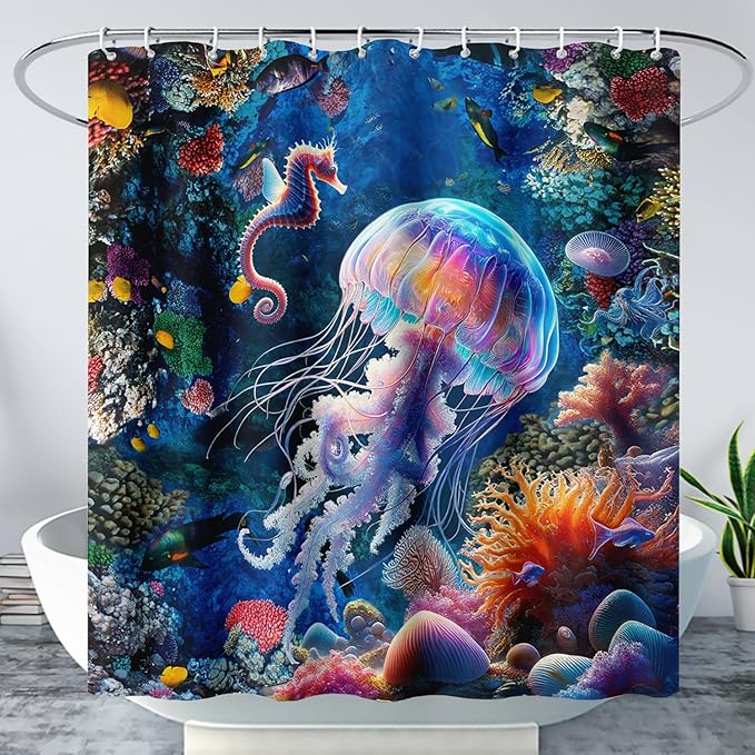 AILONEN Cartoon Jellyfish Shower Curtain,Underwater Animal Seahorses Style Bathroom Curtains Set for Kids,Girls,Ocean Theme Shower Curtains Set with Hooks for Bathroom,72" W*84" H