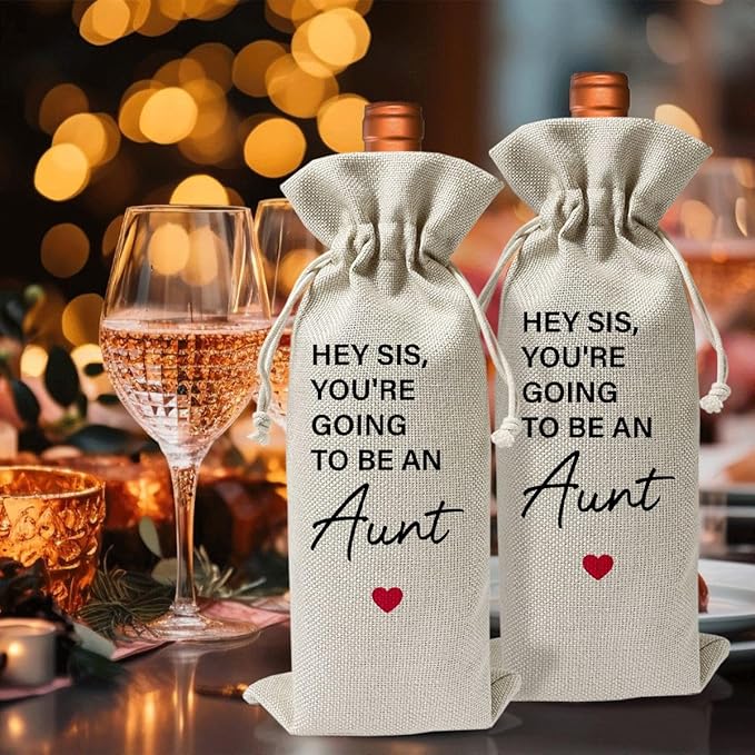 Pregnancy Announcement Wine Gift Bags For Sister, Burlap Wine Bottle Cover Bag For Pregnancy Announcement New Baby Sister Aunt Party Supplies, Cotton Linen Wine Gift Bag With Drawstring