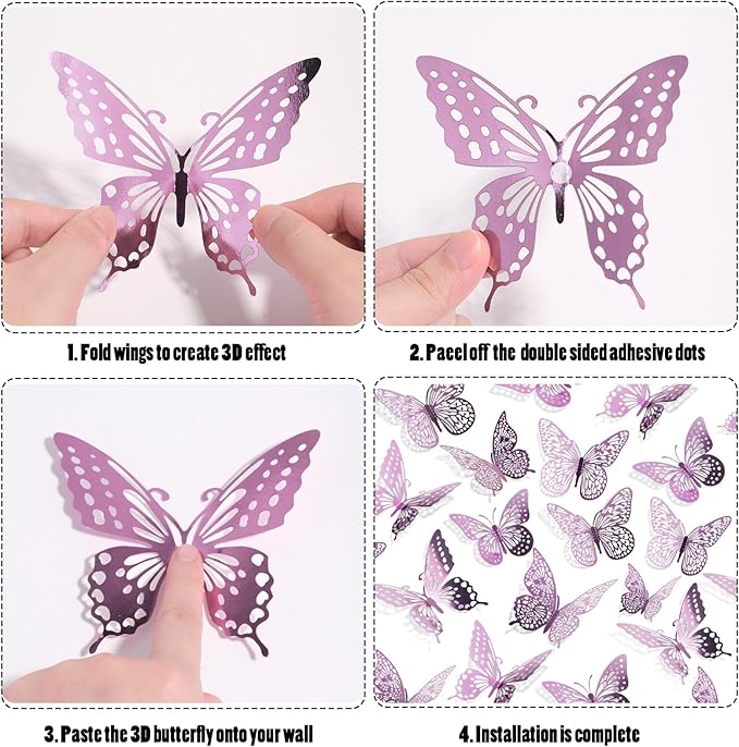 SAOROPEB 3D Butterfly Wall Decor 48 Pcs 4 Styles 3 Sizes, Butterfly Decorations for Butterfly Birthday Decorations Butterfly Party Decorations Cake Decorations, Removable Stickers (Lavender)
