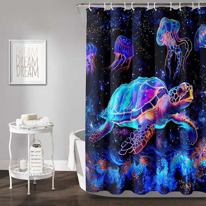 AILONEN Colorful Sea Turtle Shower Curtain for Bathroom,Beautiful Turtle with Jellyfish Bath Curtain for Kids,Boys,Girls,Ocean Animal Waterproof Fabric Shower Curtain Set with Hooks,72" W*96" H