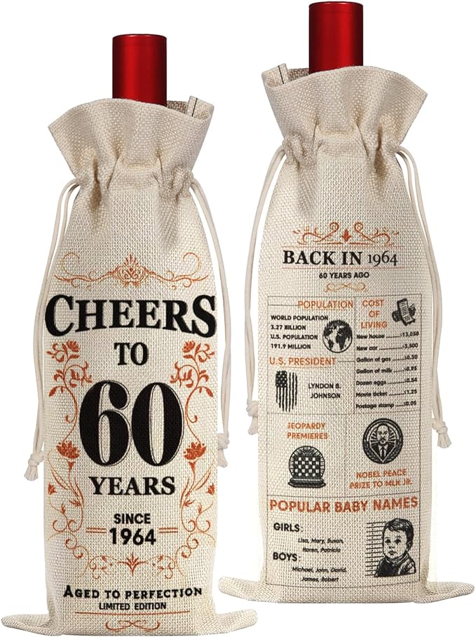 SpringWhisper 60th Birthday Gifts for Women Men Back in 1964 Birthday Gift 60 Years Old Gift Birthday Decoration Wine Bag Gift for Her Him Wine Gift Bag 60th Turning 60