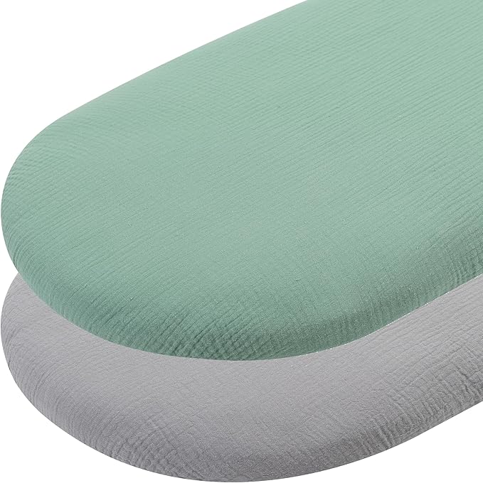 Muslin Bassinet Sheets 32"x 16" Compatible with Dream On Me Karley Bassinet, Delta Children Deluxe and Safety 1st Bassinet, 2 Pack 100% Cotton, Grey and Green