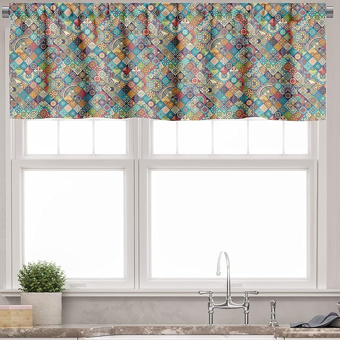 Ambesonne Bohemian Valance & Tier Curtain 3 pcs Set, Geometric Pattern Ornamental Floral Folk Art Abstract, Window Treatments for Kitchen Room Decor, 55" x 30", Blue Cream
