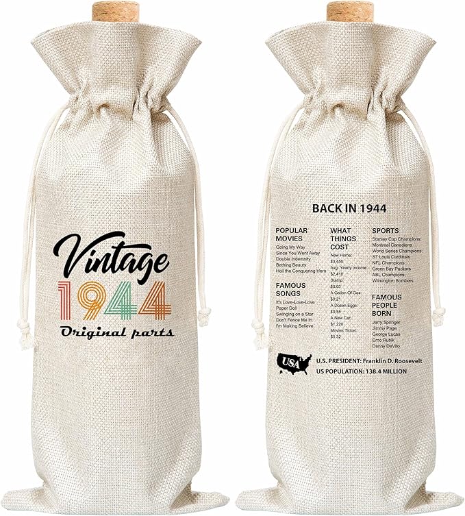 Tedea 80th Birthday Wine Gift Bag, Retro Vintage Back In 1944 Birthday Gift Wine Bag For Women Men, Best Friend, Coworker, Birthday Party Decorations, 1 Pc Wine Bag (G10)