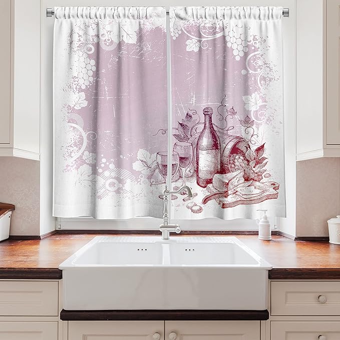 Ambesonne Wine Kitchen Curtains, Grunge Abstract Frame Bunch of Grapes Leaves Country Drinks Food Picnic Concept, Window Drapes 2 Panel Set for Kitchen Cafe Decor, 55" x 39", Lilac White