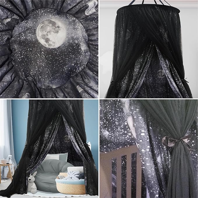 40"x 106" Bed Canopy for Girls & Adults, Double Layer Princess Round Dome Bed Curtain Canopy Drapes, Dreamy Mosquito Net Reading Nook, Bedroom Decoration (Moon)