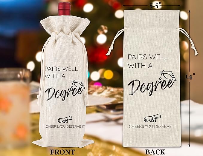 Pairs Well With A Degree,Graduation Gift,Graduation Wine Gift Bags,Congrats Grad,Graduation Party Favors Masters Degree Gift,Master's Degree Wine Label,Party Supplies,1 Drawstring Gift Wine Bag,Q26