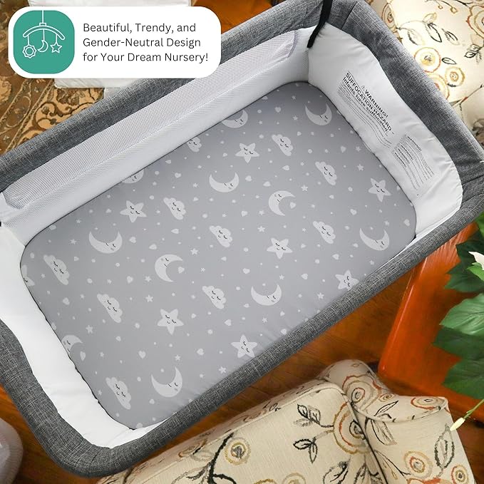 Bassinet Sheets for Ronbei, Baby Joy, Nordmiex, INFANS Baby Bassinet Bedside Sleeper, 3 Pack, 33x20 Inch, Ultra Soft, and Breathable Snug Fit, Unisex Boys Girls, Gray White (Moon, Stars, Clouds)