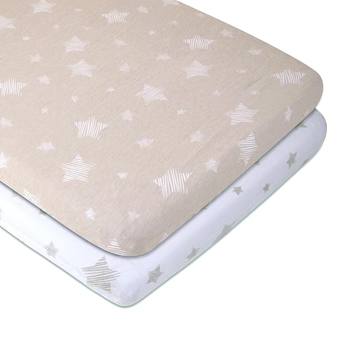 Ely's & Co. Bassinet Sheet Set 2 Pack 100% Jersey Cotton for Baby Girl and Baby Boy - Tan Drawn Star Design