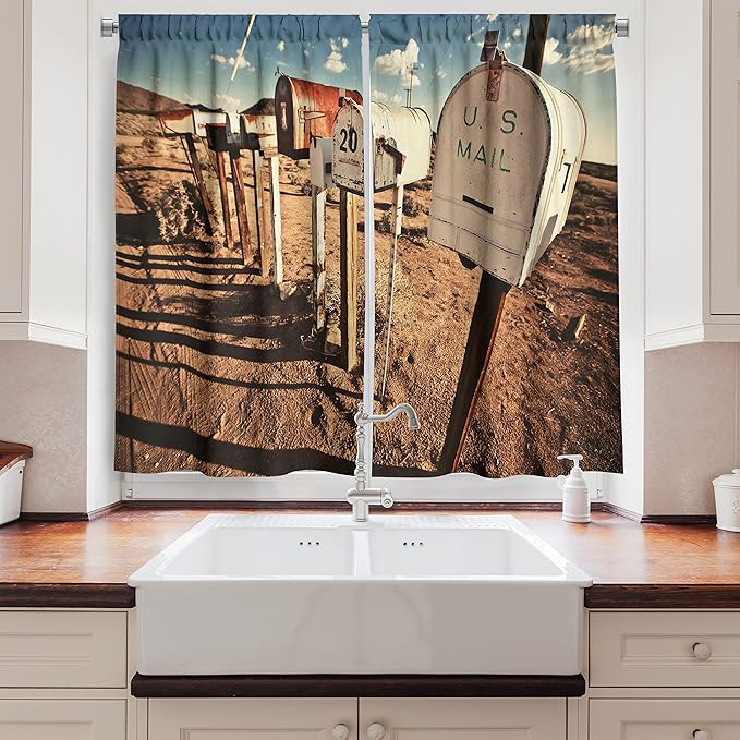 Ambesonne United States Kitchen Curtains, Old Mailboxes in West America Rural Rusty Landscape Grunge Countryside, Window Drapes 2 Panel Set for Kitchen Cafe Decor, 55" x 39", Brown Blue
