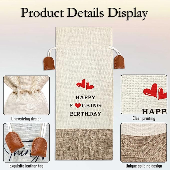 Funny Birthday Wine Bag, Cotton Linen Wine Gift Bag With Drawstring, Wine Champagne Bottle Gift Bag, Birthday Gifts Ideas for Men Woman Her Girl Friend Sister, Birthday Party Favors-34