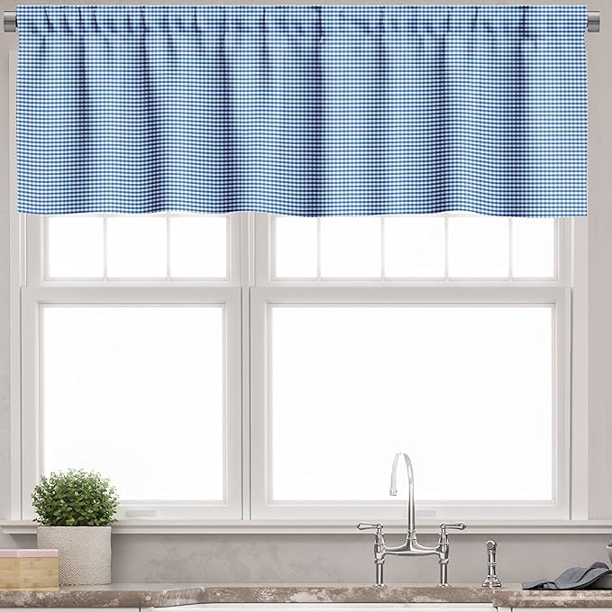 Ambesonne Checkered Valance & Tier Curtain 3 pcs Set, Monochrome Gingham Checks Classical Country Culture Old Fashioned Grid Design, Window Treatments for Kitchen Room Decor, 55" x 24", Blue White