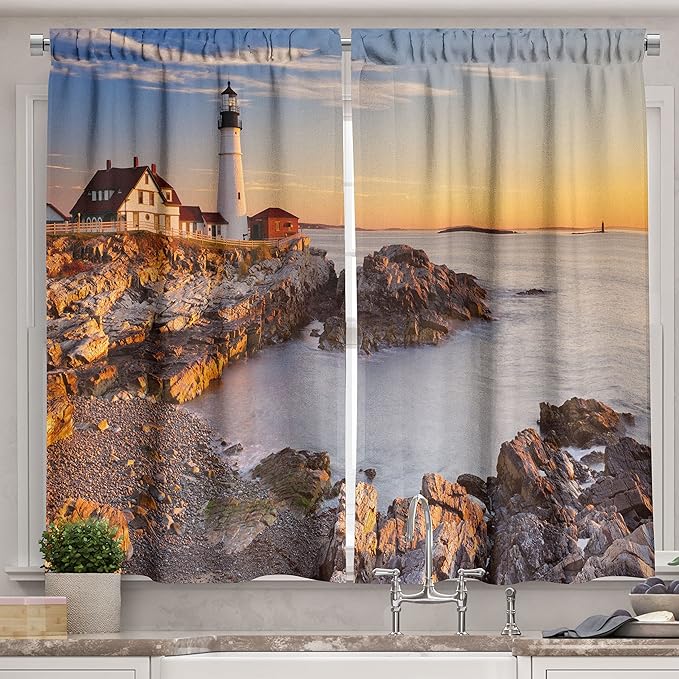 Ambesonne United States Kitchen Curtains, Cape Elizabeth Maine River Portland Lighthouse Sunrise USA Coast Scenery, Window Drapes 2 Panel Set for Kitchen Cafe Decor, 55" x 39", Blue Tan