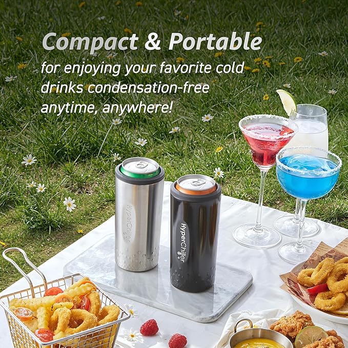 NEW HyperChiller SLIM HBC100SS, Dual Wall Vacuum Insulated, Slim Can Cooler, Beer, Soda, Energy Drinks, Seltzer, Wine Cooler, Fits All Standard 12 OZ Slim Cans, Cup Holder Friendly, Stainless Steel
