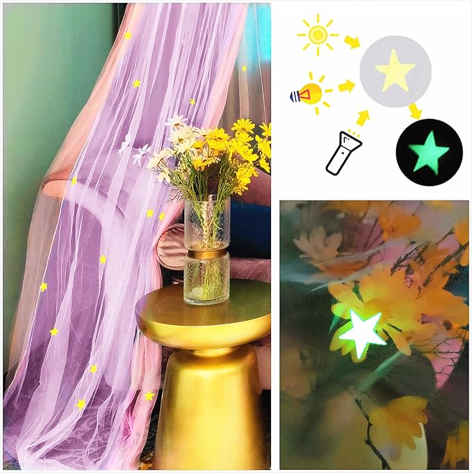 Eimilaly Two-Tone Bed Canopy Glow in The Dark Pink Purple, Mosquito Net Bed Canopy for Girls Room Decor, Single Door
