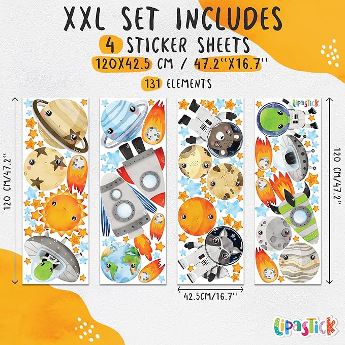 Large Solar System Wall Decals for Kids by Lipastick - 131 pcs Space Animal Wall Stickers Boys Room Playroom - Galaxy Wall Decor - Kids Vinyl Wall Decal Peel and Stick - Outer Space Decal XXL Size