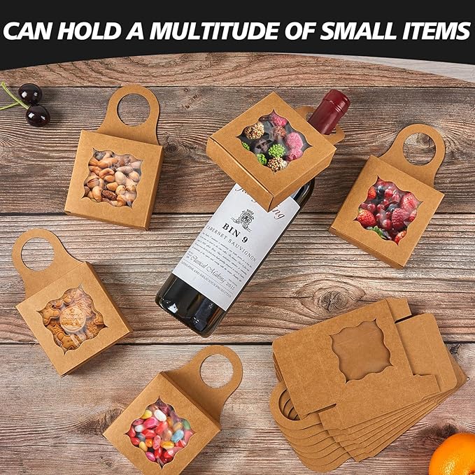 30pcs Wine Bottle Box with Window, Kraft Paper Hanging Box Foldable Decor Wine Bottle Hanging Favor Boxes Gift Boxes for Holding Party Birthday Candy Truffles Chocolate Cookies