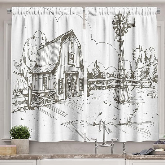 Ambesonne Windmill Kitchen Curtains, Rustic Barn Farmhouse Hand Drawn Illustration Countryside Rural Meadow, Window Drapes 2 Panel Set for Kitchen Cafe Decor, 55" x 39", Taupe