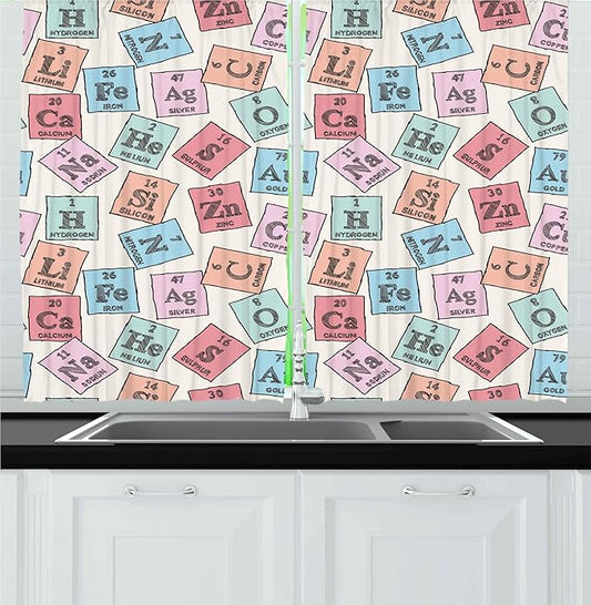 Ambesonne Periodic Table Kitchen Curtains, Sketch Style Chemistry Class Elements Science Camp Art Print, Window Drapes 2 Panel Set for Kitchen Cafe Decor, 55" x 36", Green Pink