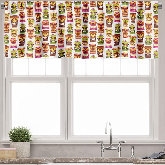 Ambesonne Tiki Bar Valance & Tier Curtain 3 pcs Set, Sixties Retro Inspired Hawaiian Party Happy Tiki Pattern Colorful, Window Treatments for Kitchen Room Decor, 55" x 36", White Brown