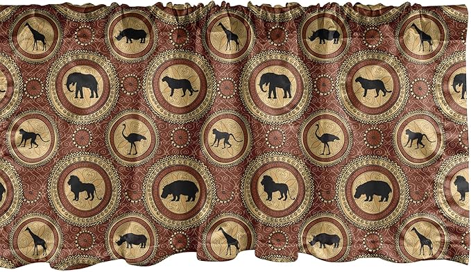 Ambesonne Savannah Window Valance, Medallion Pattern of Monkey Giraffe Lion African Inspired Ethnic Design, Curtain Valance for Kitchen Bedroom Decor with Rod Pocket, 54" X 12", Mustard and Brown