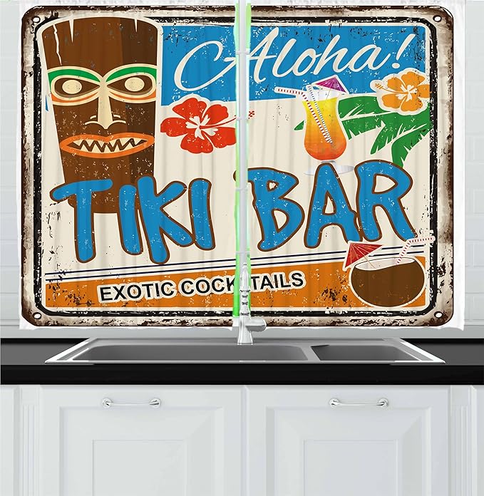 Ambesonne Tiki Bar Kitchen Curtains, Rusty Vintage Sign Aloha Exotic Cocktails and Coconut Drink Antique Nostalgic, Window Drapes 2 Panel Set for Kitchen Cafe Decor, 55" x 24", Blue Brown