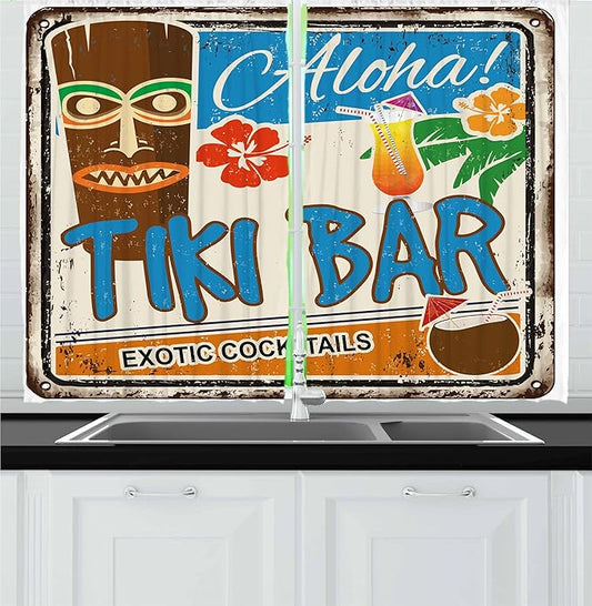 Ambesonne Tiki Bar Kitchen Curtains, Rusty Vintage Sign Aloha Exotic Cocktails and Coconut Drink Antique Nostalgic, Window Drapes 2 Panel Set for Kitchen Cafe Decor, 55" x 24", Blue Brown