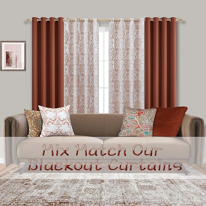 Mrs.Naturall 63 Inch Length Curtains 2 Panel Set,Blackout Terracotta Boho Curtains for Bedroom,Rust