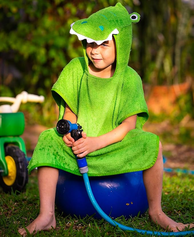 Premium Hooded Towel Poncho for Kids & Toddlers, Soft 100% Cotton, Ideal at Bath, Beach, Pool (Green Croc)