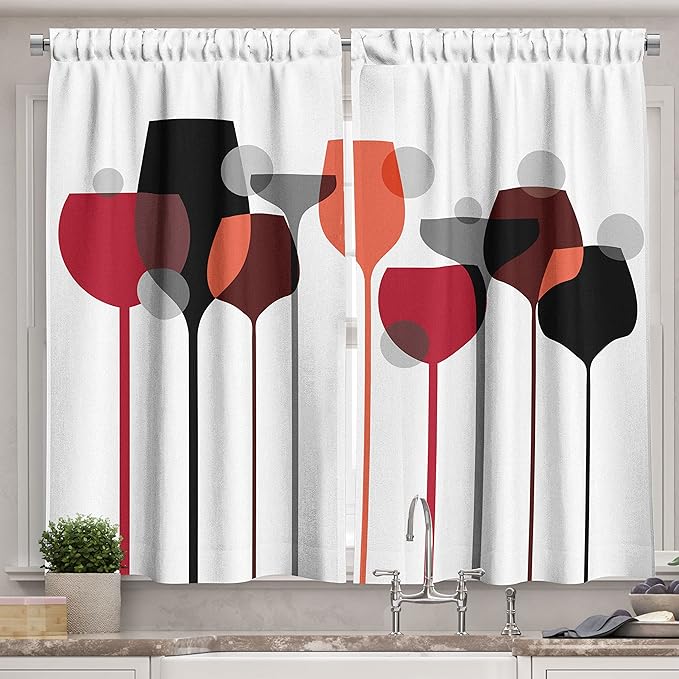 Ambesonne Wine Kitchen Curtains, Abstract Wine Glasses Silhouettes with Dots Alcohol Drink Modern, Window Drapes 2 Panel Set for Kitchen Cafe Decor, 55" x 39", Black Grey