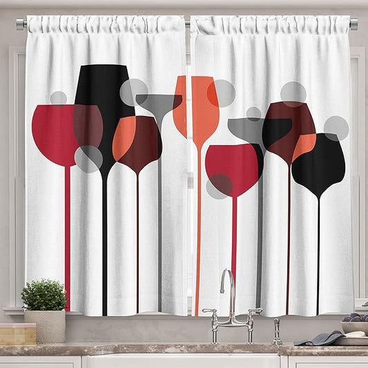 Ambesonne Wine Kitchen Curtains, Abstract Wine Glasses Silhouettes with Dots Alcohol Drink Modern, Window Drapes 2 Panel Set for Kitchen Cafe Decor, 55" x 39", Black Grey