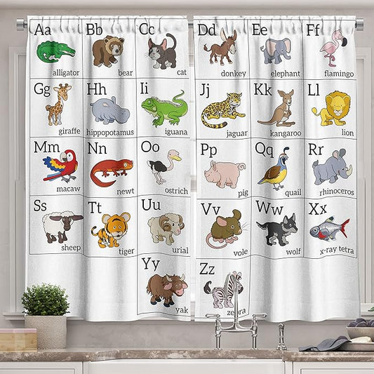 Ambesonne Educational Kitchen Curtains, Alphabet Learning Chart Cartoon Animals Names Letters Upper and Lowercase, Window Drapes 2 Panel Set for Kitchen Cafe Decor, 55" x 39", Black Brown