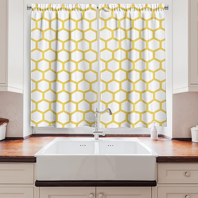 Ambesonne Yellow and White Kitchen Curtains, Hexagonal Pattern Honeycomb Beehive Simplistic Geometrical Monochrome, Window Drapes 2 Panel Set for Kitchen Cafe Decor, 55" x 39", White Yellow