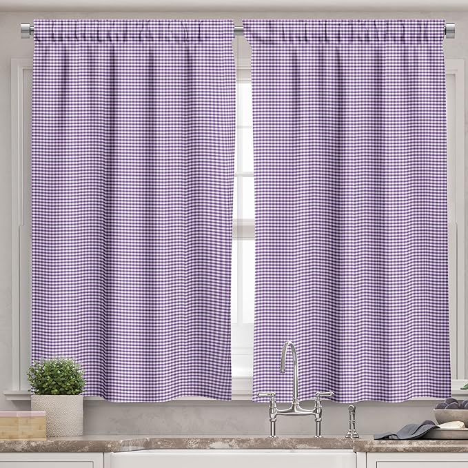 Ambesonne Checkered Valance & Tier Curtain 3 pcs Set, Purple and White Colored Gingham Checks Rows Picnic Theme Vintage Style Print, Window Treatments for Kitchen Room Decor, 55" x 30", Purple White
