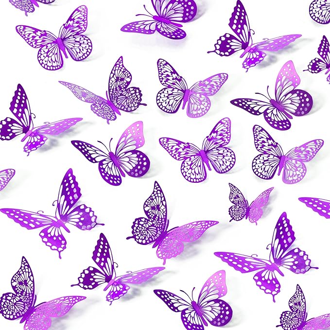 SAOROPEB 3D Butterfly Wall Decor 48 Pcs 4 Styles 3 Sizes, Purple Butterfly Decorations for Birthday Decorations Butterfly Party Decorations Cake Decorations, Removable Stickers (Purple)