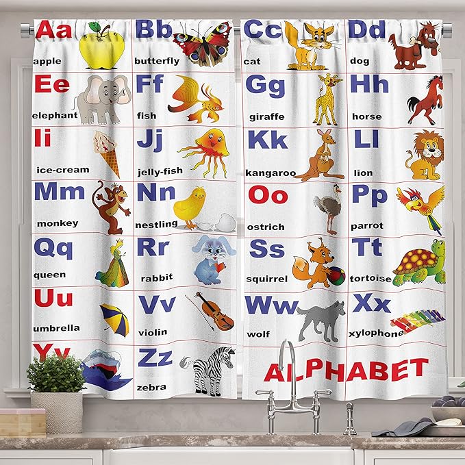 Ambesonne Cartoon Kitchen Curtains, Animals Placed on Letter The Alphabet Chart Themed Illustration Colorful Print, Window Drapes 2 Panel Set for Kitchen Cafe Decor, 55" x 39",Indigo Red