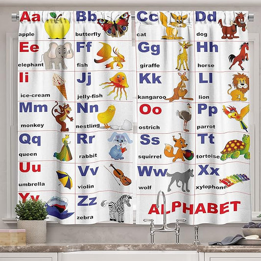 Ambesonne Cartoon Kitchen Curtains, Animals Placed on Letter The Alphabet Chart Themed Illustration Colorful Print, Window Drapes 2 Panel Set for Kitchen Cafe Decor, 55" x 39",Indigo Red
