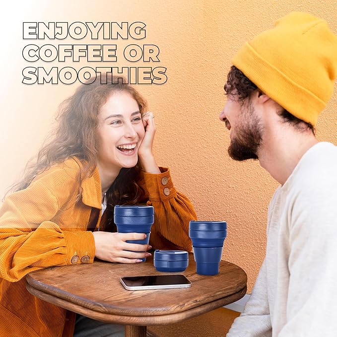 HYDRATE Collapsible Cups for Traveling - 400ml Reusable Cup with Lid for Camping, and On-the-Go Adventures - Foldable Cup - Portable Silicone Coffee Mug for Hot Drinks, Tea - Easy to Clean - Blue