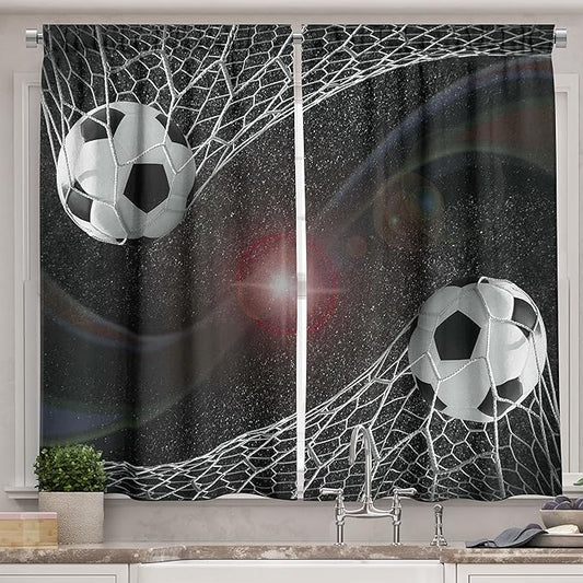 Ambesonne Teen Room Long Kitchen Curtains, Soccer Balls Goal Match Success Concept in The Outer Space Winner Glory Theme, Two Panels Drapes with Rod Pocket Room Decor, 55" x 45", Black Magenta