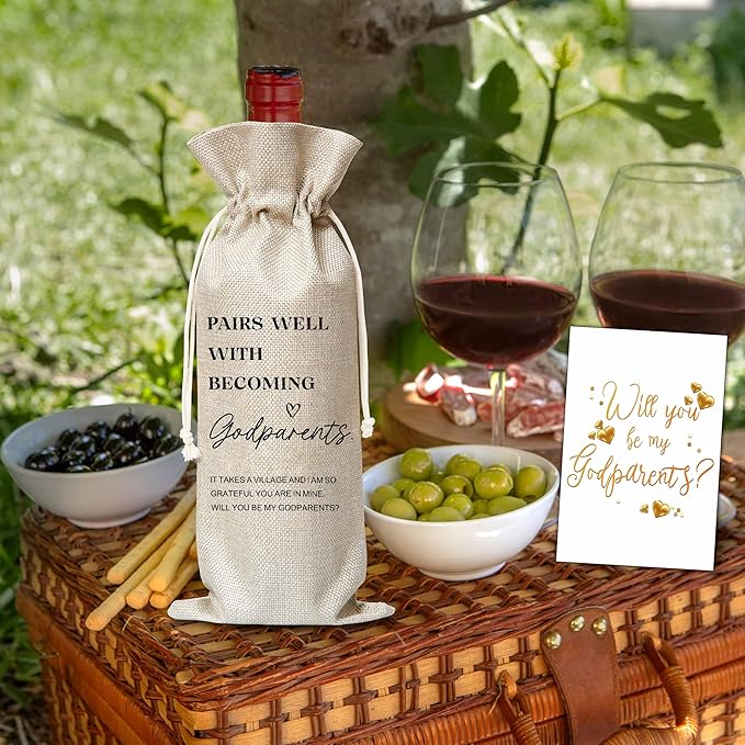 Xanev Godparents Wine Gift Bag For Women Man, Godparents Proposal Gifts, Pairs Well With Becoming Godparents Wine Bag, Baptism Gifts For Godmother Godfather, Birthday Wine Party Favors Decor, B07