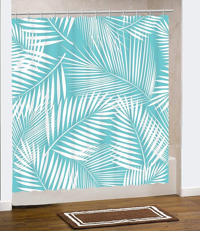 Palm Leaf Shower Curtain. Teal Palm Leaf Pattern will bring an Air of Tropical Beachyness to your Master, Guest, Beach House Bathroom.